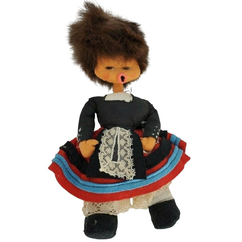 Vintage 1950s Felt Doll 8.25” Kersa Style Black Dress with Lace Apron Rabbit Fur